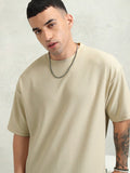 Highlander Men Cream Self Design Round Neck Oversized Fit T-Shirt - Cream - Image 1
