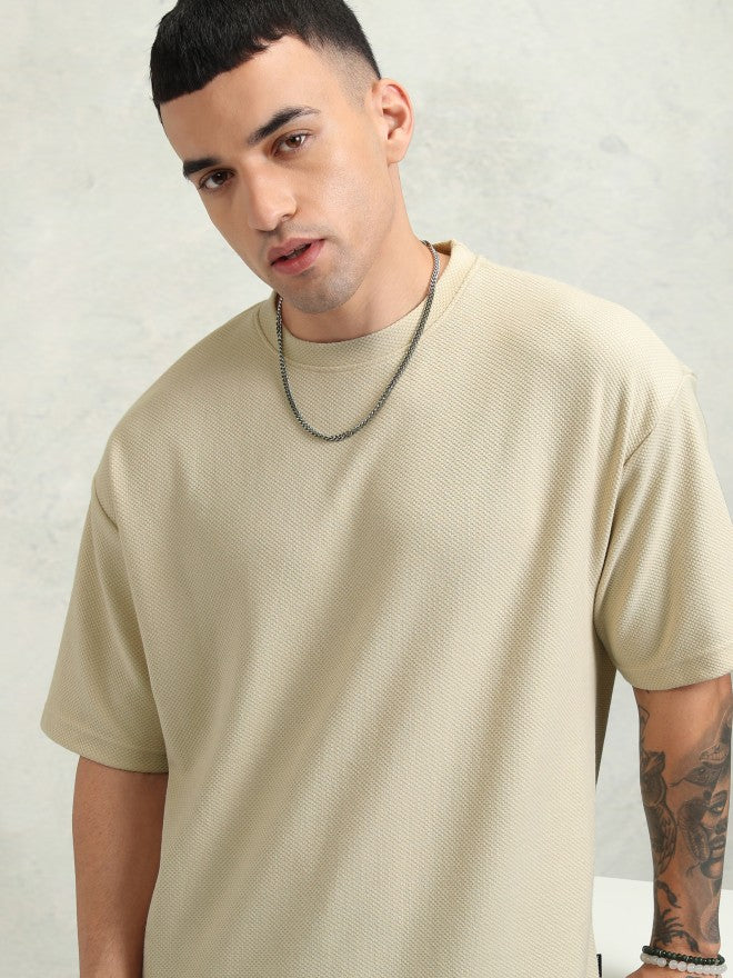 Highlander Men Cream Self Design Round Neck Oversized Fit T-Shirt - Cream - Image 1