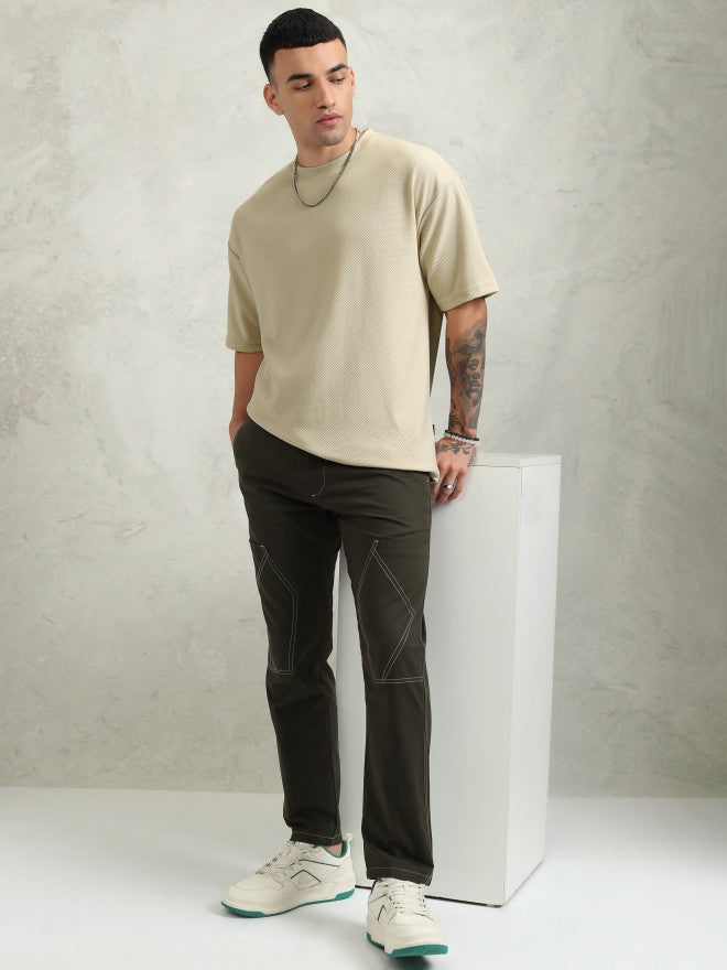 Highlander Men Cream Self Design Round Neck Oversized Fit T-Shirt - Cream - Image 2