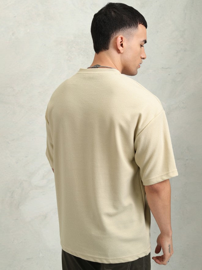 Highlander Men Cream Self Design Round Neck Oversized Fit T-Shirt - Cream - Image 3