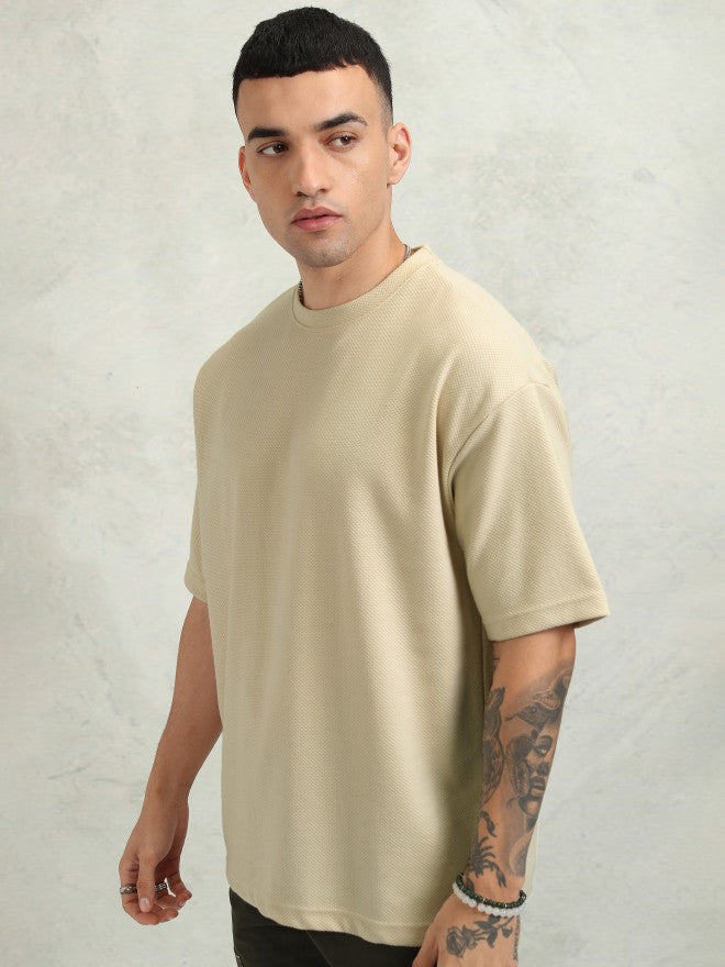 Highlander Men Cream Self Design Round Neck Oversized Fit T-Shirt - Cream - Image 4