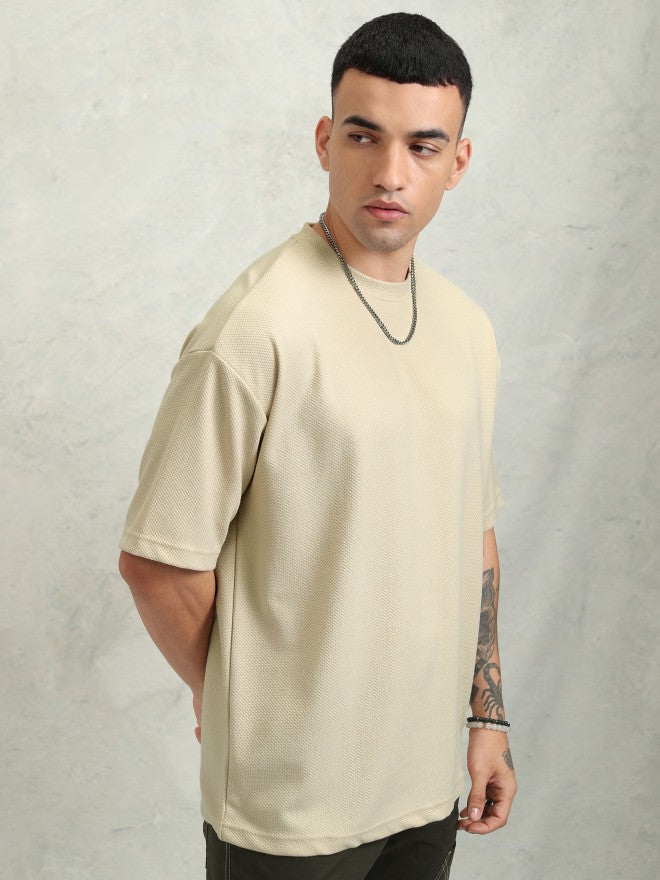 Highlander Men Cream Self Design Round Neck Oversized Fit T-Shirt - Cream - Image 6