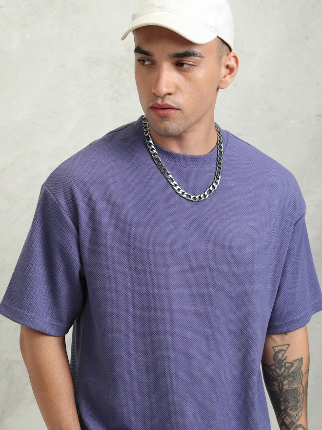 Highlander Men Purple Self Design Round Neck Oversized Fit T-Shirt - Purple - Image 1