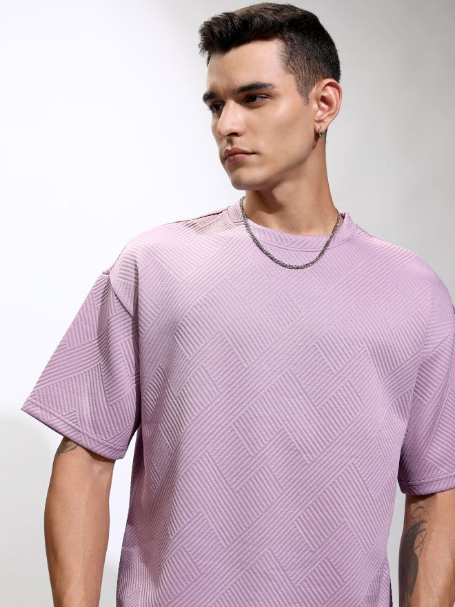 Highlander Men Purple Self Design Round Neck Oversized Fit T-Shirt - Purple - Image 1