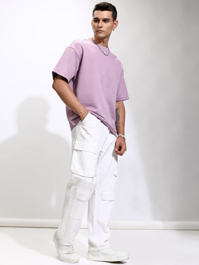 Highlander Men Purple Self Design Round Neck Oversized Fit T-Shirt - Purple - Image 2
