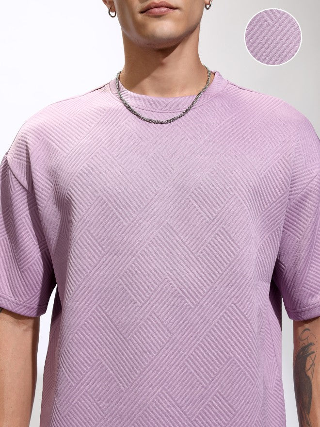 Highlander Men Purple Self Design Round Neck Oversized Fit T-Shirt - Purple - Image 5