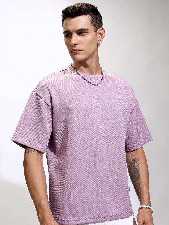 Highlander Men Purple Self Design Round Neck Oversized Fit T-Shirt - Purple - Image 6