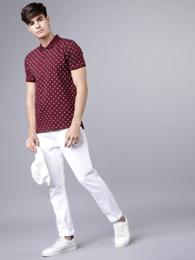 Highlander Men Maroon Polo Collar Printed Polo Collar T-Shirt - Maroon - Image 1