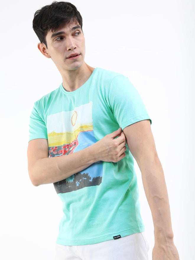 Highlander Men Blue Printed Round Neck Slim Fit T-Shirt - Blue - Image 3