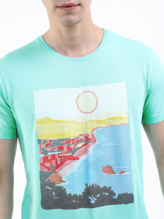 Highlander Men Blue Printed Round Neck Slim Fit T-Shirt - Blue - Image 4