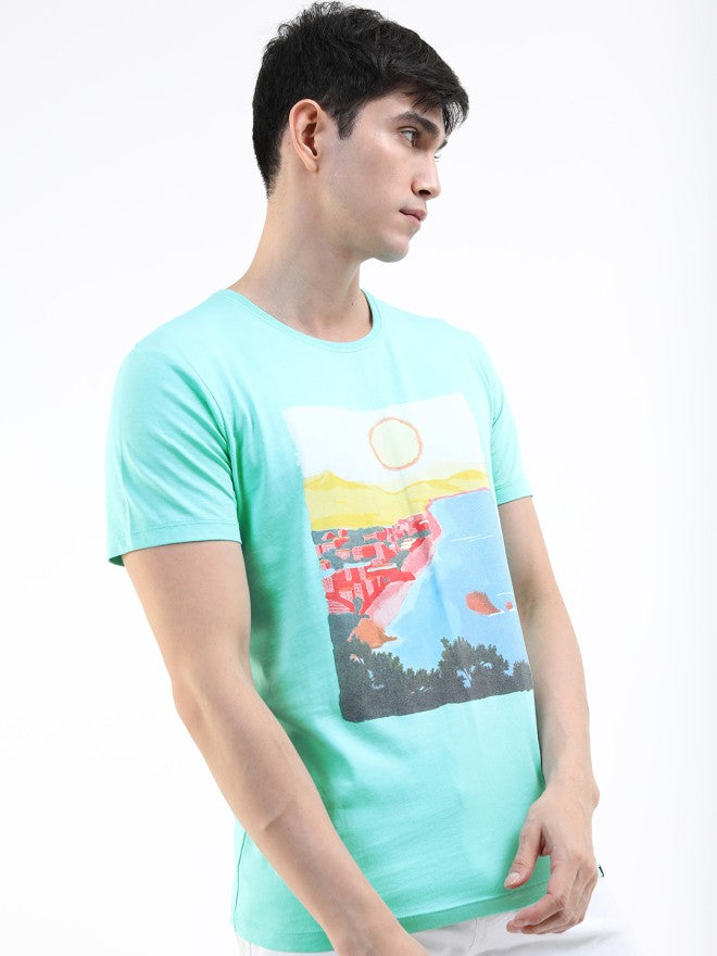 Highlander Men Blue Printed Round Neck Slim Fit T-Shirt - Blue - Image 5