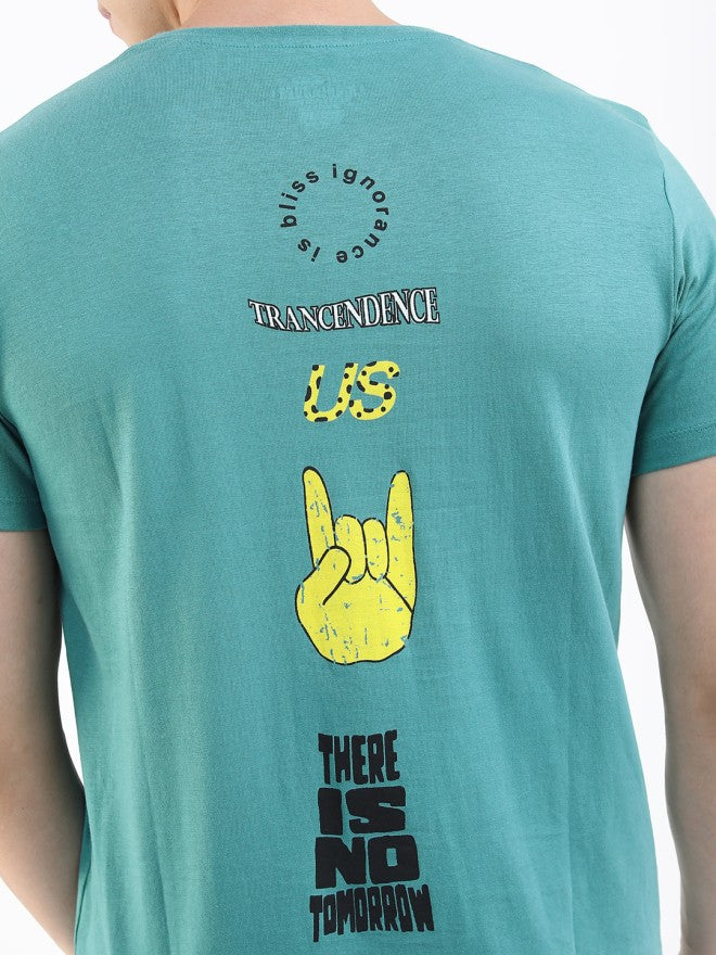 Highlander Men Teal Printed Round Neck Slim Fit T-Shirt - Teal - Image 4