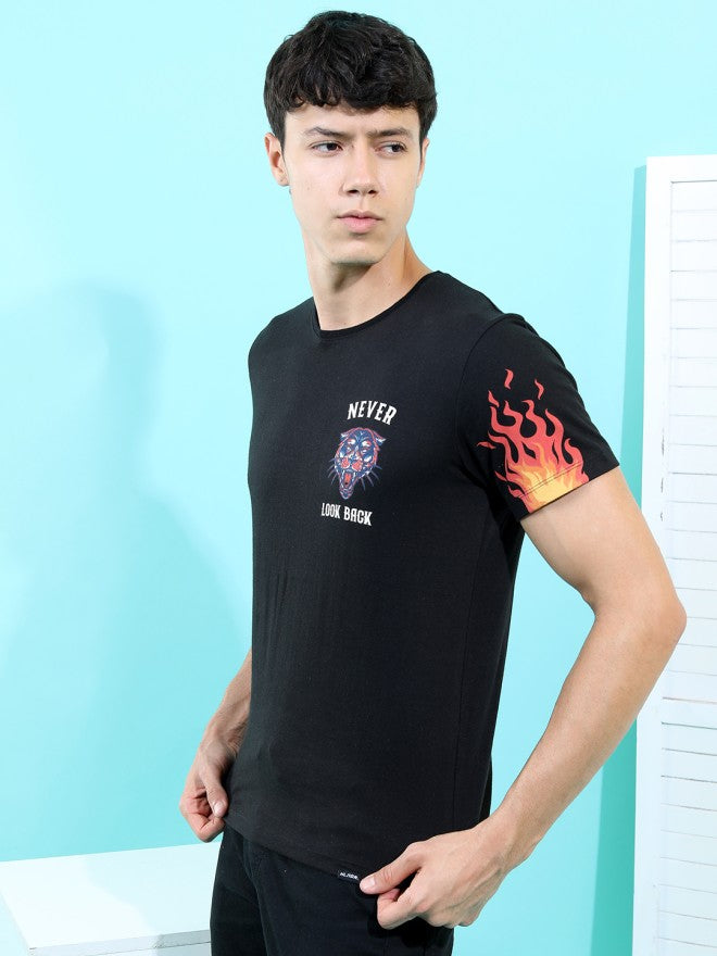 Highlander Men Black Printed Round Neck Slim Fit T-Shirt - Black - Image 3