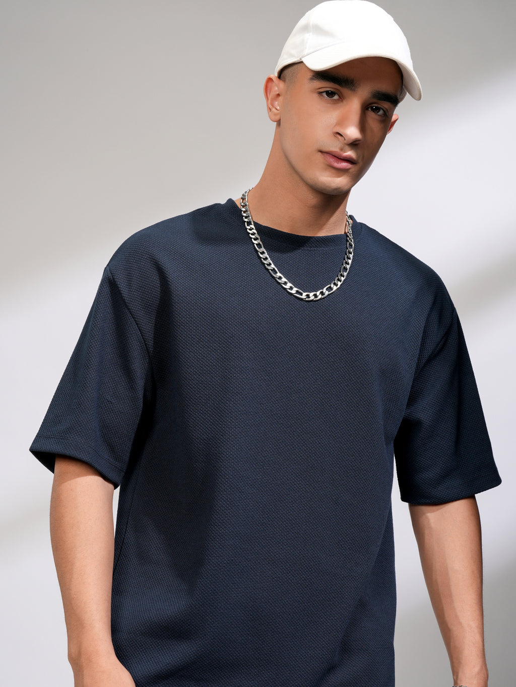 Highlander Men Navy Blue Self Design Round Neck Oversized Fit T-Shirt - Navy Blue - Image 1