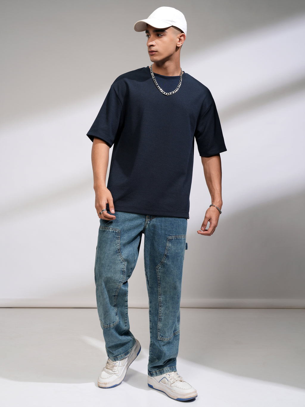 Highlander Men Navy Blue Self Design Round Neck Oversized Fit T-Shirt - Navy Blue - Image 2