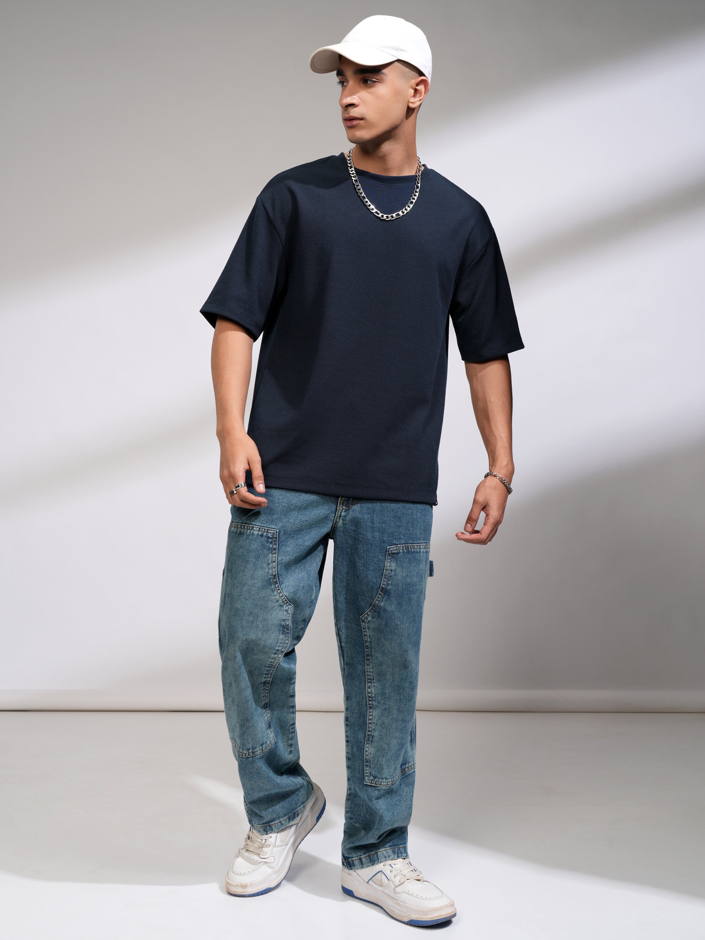 Highlander Men Navy Blue Self Design Round Neck Oversized Fit T-Shirt - Navy Blue - Image 2