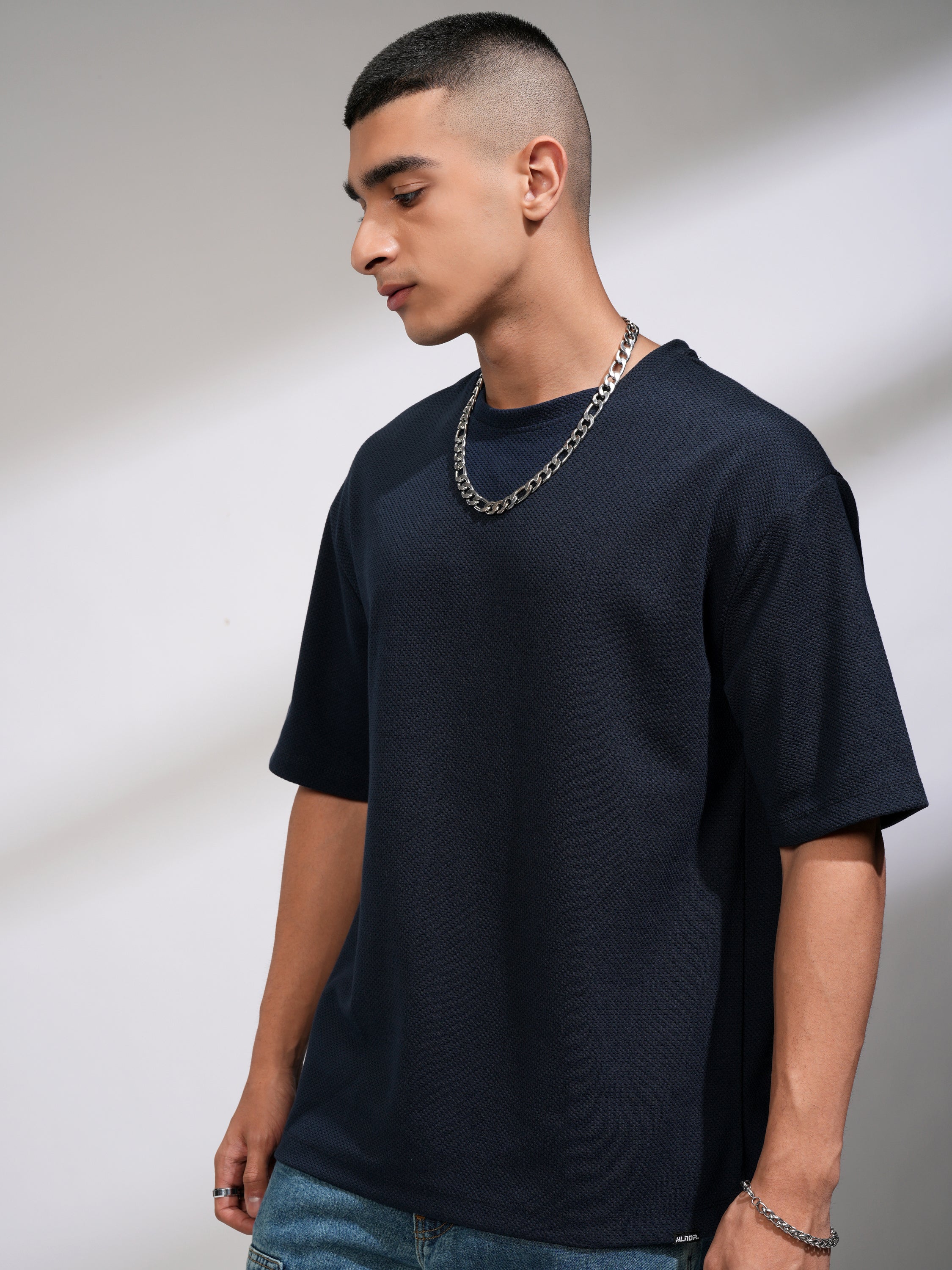 Highlander Men Navy Blue Self Design Round Neck Oversized Fit T-Shirt - Navy Blue - Image 4