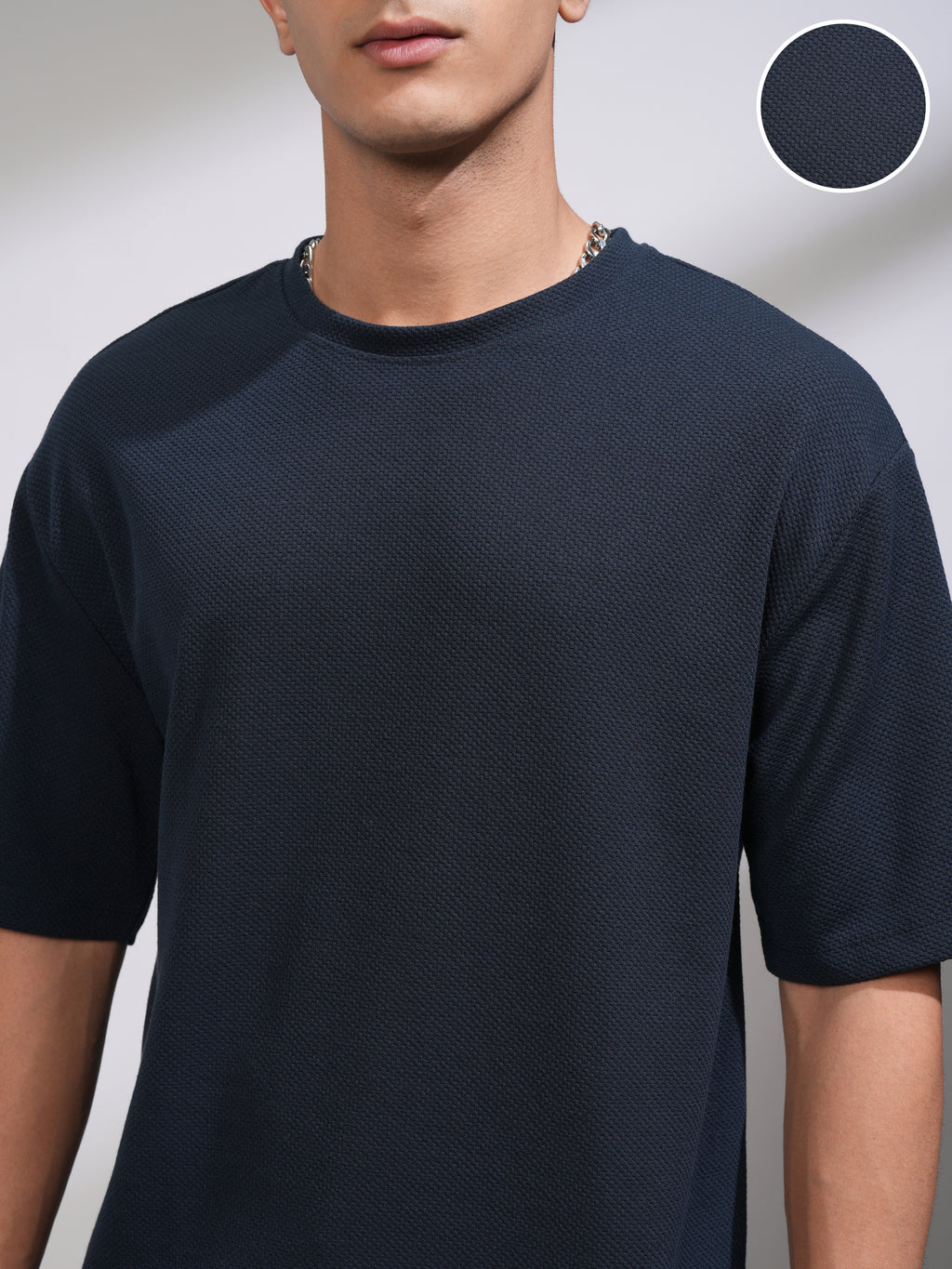 Highlander Men Navy Blue Self Design Round Neck Oversized Fit T-Shirt - Navy Blue - Image 5
