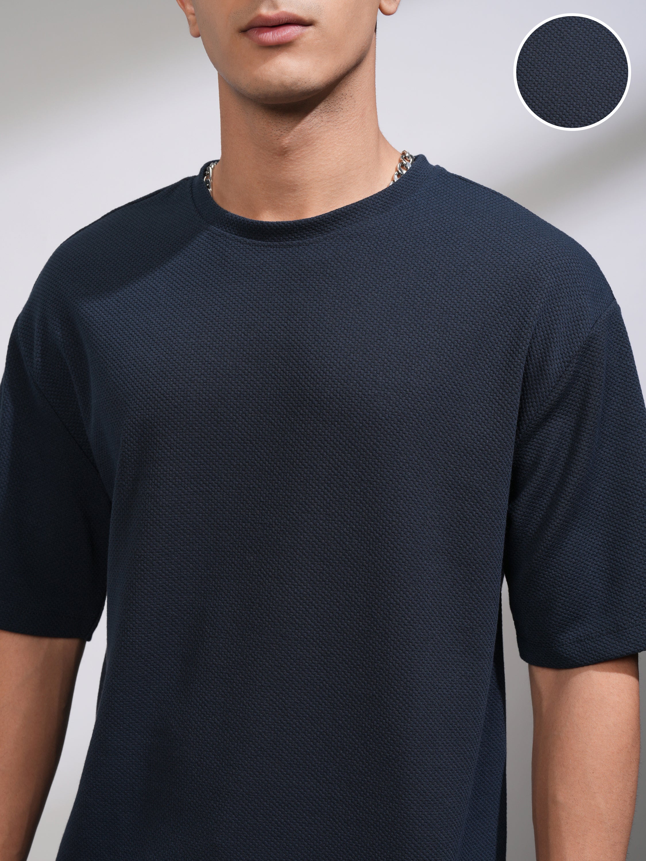 Highlander Men Navy Blue Self Design Round Neck Oversized Fit T-Shirt - Navy Blue - Image 5