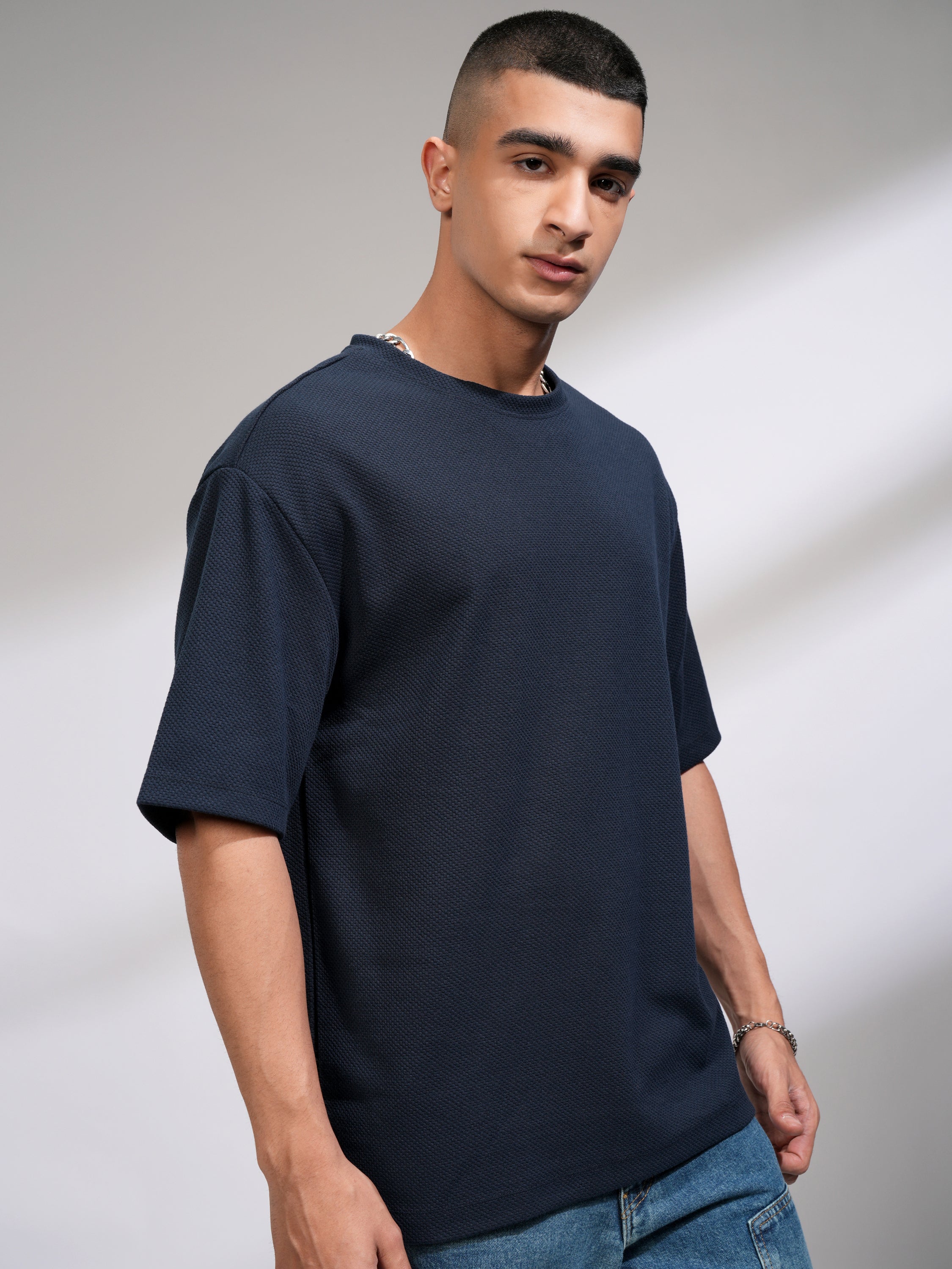 Highlander Men Navy Blue Self Design Round Neck Oversized Fit T-Shirt - Navy Blue - Image 6