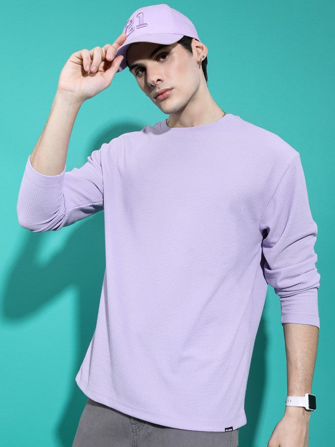 Highlander Men Lavender Self Design Round Neck Oversized Fit T-Shirt - Lavender - Image 3