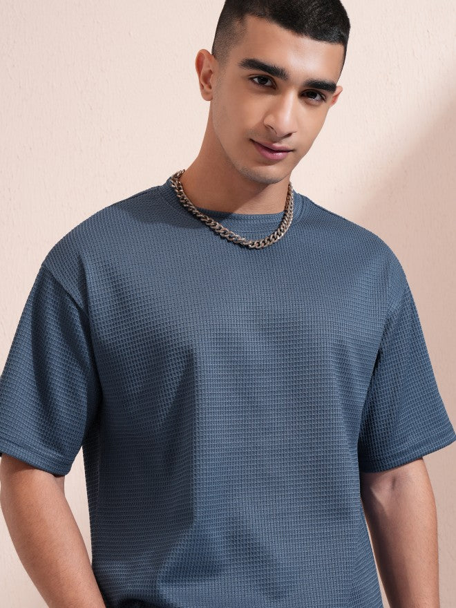 Highlander Men Blue Self Design Round Neck Relaxed Fit T-Shirt - Blue - Image 1