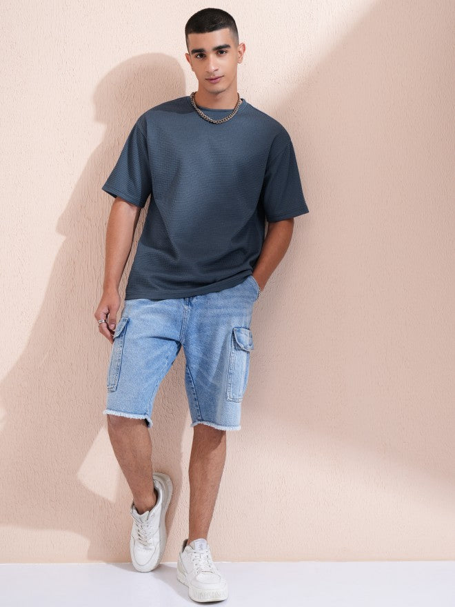 Highlander Men Blue Self Design Round Neck Relaxed Fit T-Shirt - Blue - Image 2