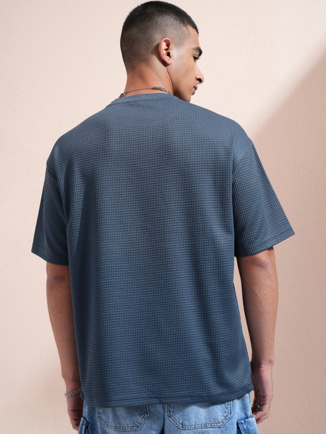 Highlander Men Blue Self Design Round Neck Relaxed Fit T-Shirt - Blue - Image 3