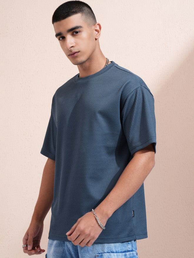 Highlander Men Blue Self Design Round Neck Relaxed Fit T-Shirt - Blue - Image 4