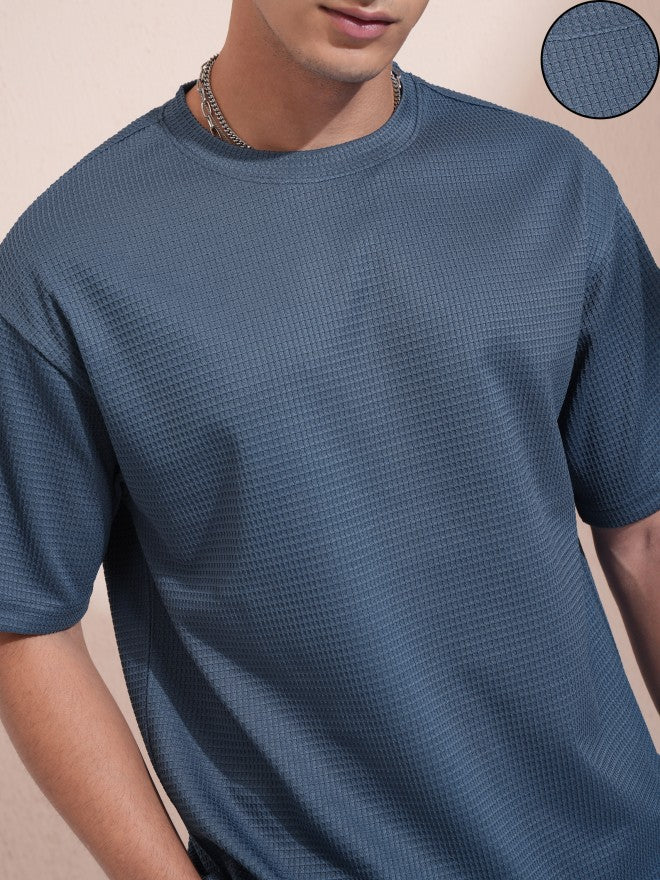 Highlander Men Blue Self Design Round Neck Relaxed Fit T-Shirt - Blue - Image 5