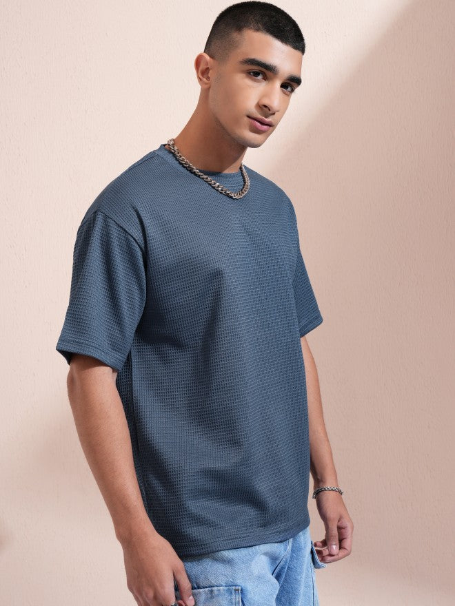Highlander Men Blue Self Design Round Neck Relaxed Fit T-Shirt - Blue - Image 6