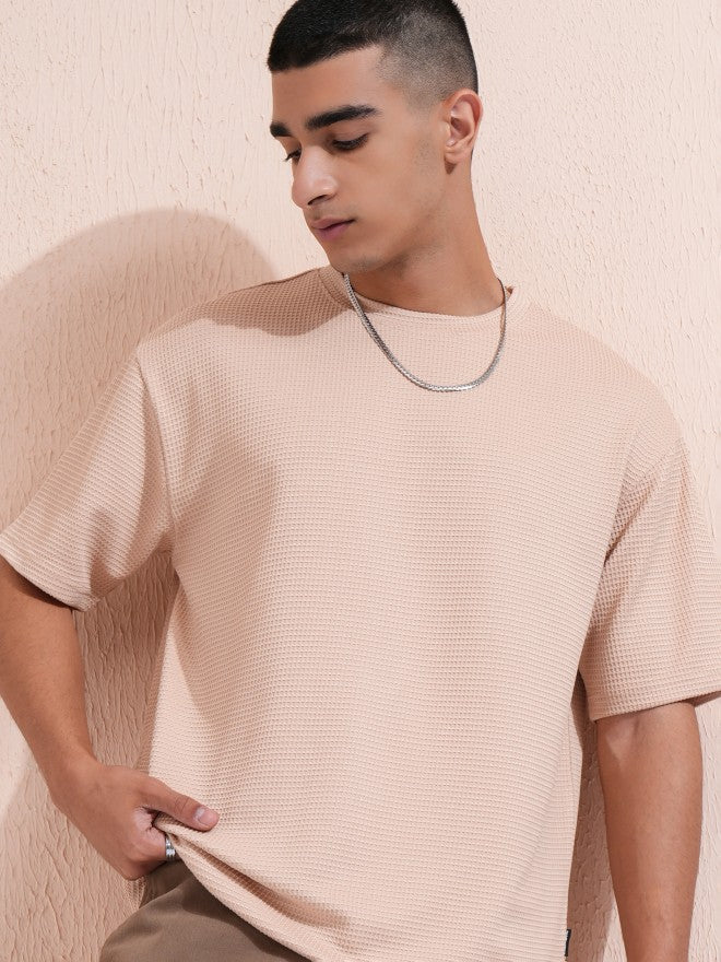 Highlander Men Beige Self Design Round Neck Relaxed Fit T-Shirt - Beige - Image 1
