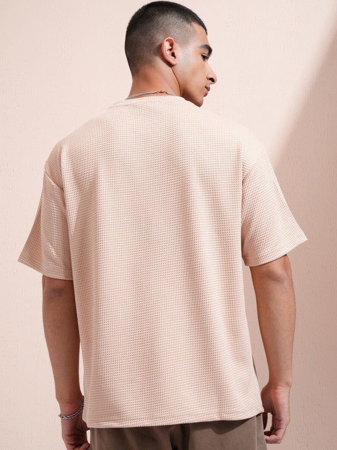 Highlander Men Beige Self Design Round Neck Relaxed Fit T-Shirt - Beige - Image 3
