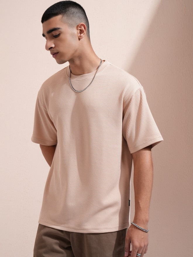 Highlander Men Beige Self Design Round Neck Relaxed Fit T-Shirt - Beige - Image 4