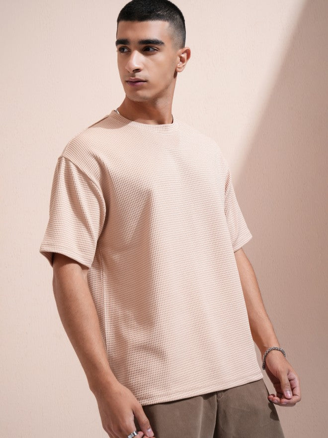Highlander Men Beige Self Design Round Neck Relaxed Fit T-Shirt - Beige - Image 6
