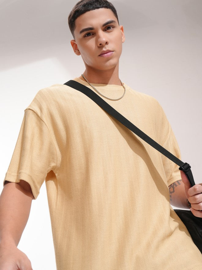 Highlander Men Beige Self Design Oversized Fit T-Shirt - Beige - Image 1