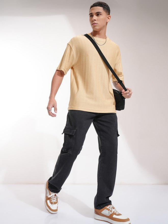 Highlander Men Beige Self Design Oversized Fit T-Shirt - Beige - Image 2