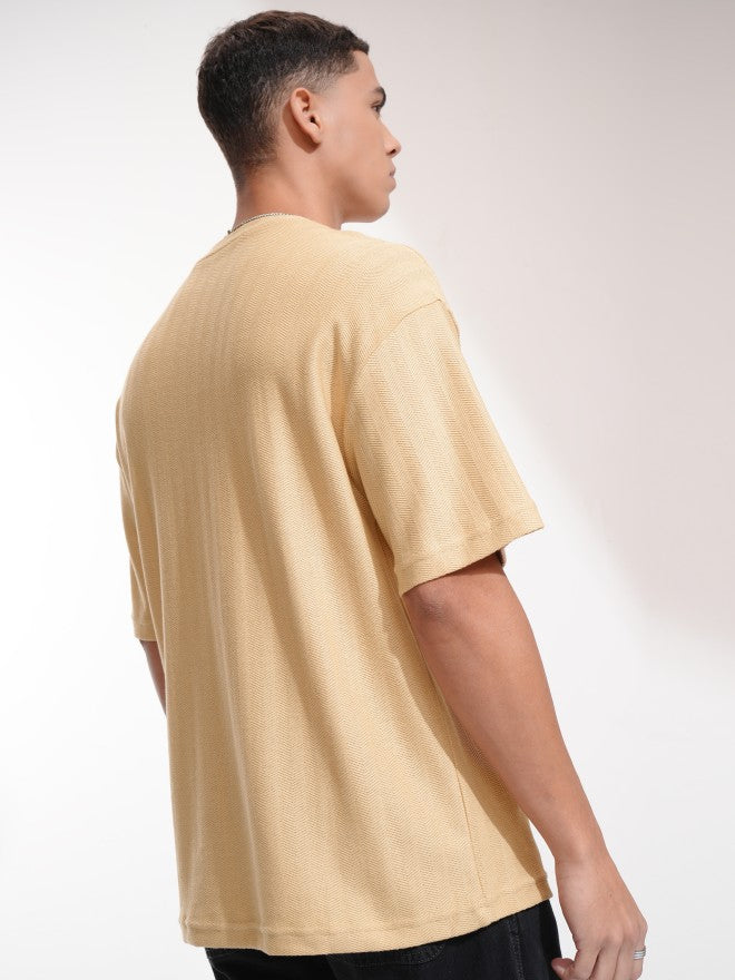Highlander Men Beige Self Design Oversized Fit T-Shirt - Beige - Image 3
