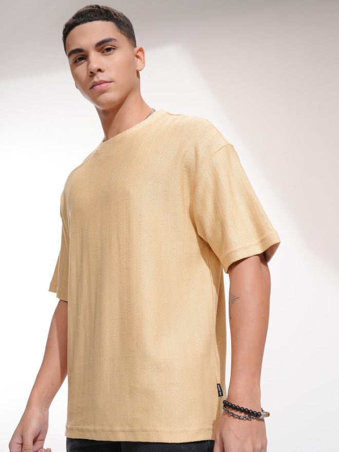 Highlander Men Beige Self Design Oversized Fit T-Shirt - Beige - Image 4