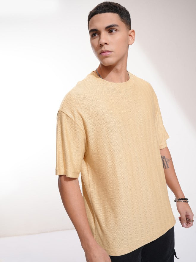 Highlander Men Beige Self Design Oversized Fit T-Shirt - Beige - Image 6