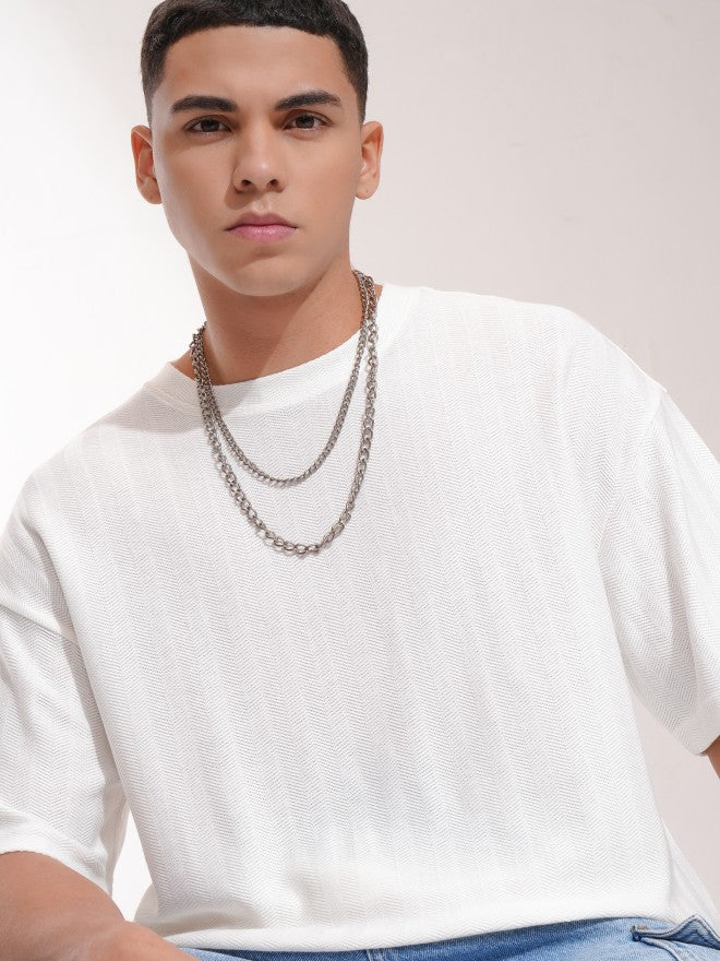 Highlander Men Off White Self Design Oversized Fit T-Shirt - Off White - Image 1