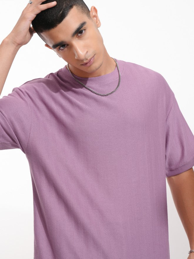 Highlander Men Purple Self Design Round Neck Oversized Fit T-Shirt - Purple - Image 1