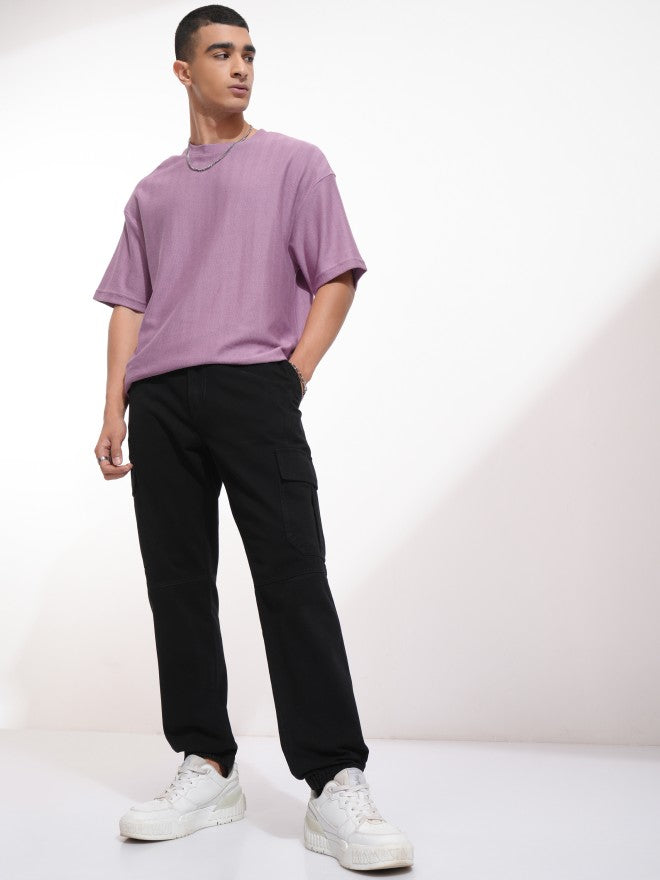 Highlander Men Purple Self Design Round Neck Oversized Fit T-Shirt - Purple - Image 2