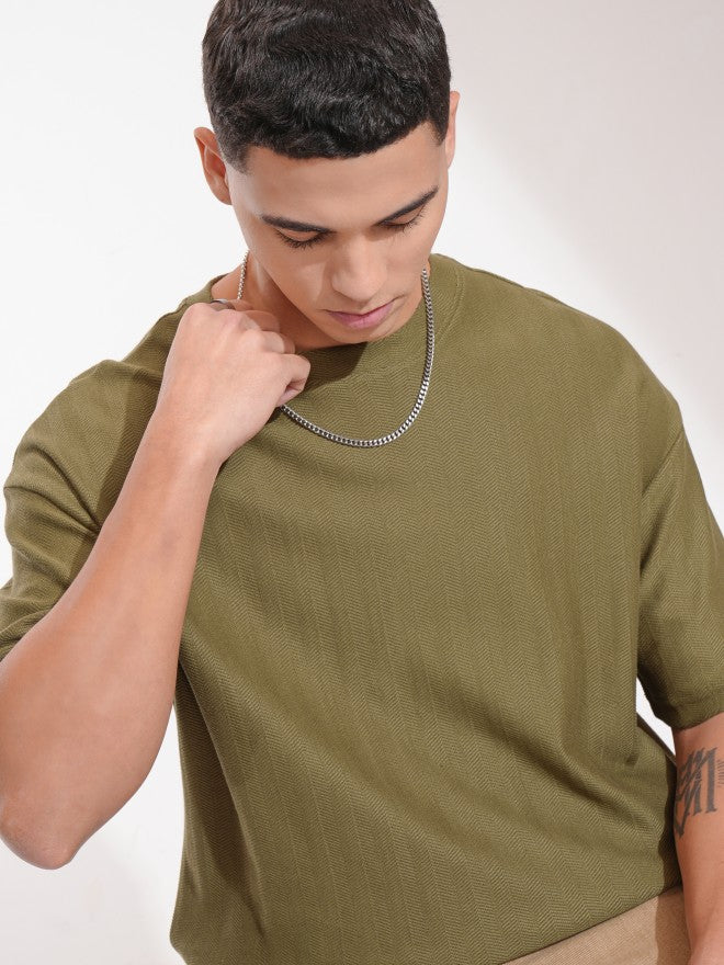 Highlander Men Olive Self Design Oversized Fit T-Shirt - Olive - Image 1