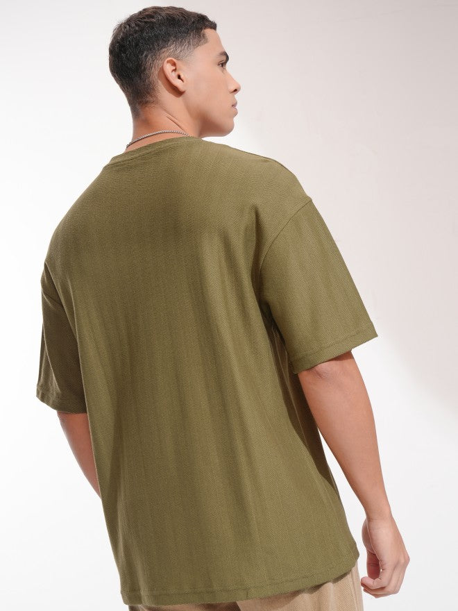Highlander Men Olive Self Design Oversized Fit T-Shirt - Olive - Image 3