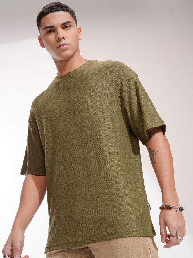 Highlander Men Olive Self Design Oversized Fit T-Shirt - Olive - Image 4