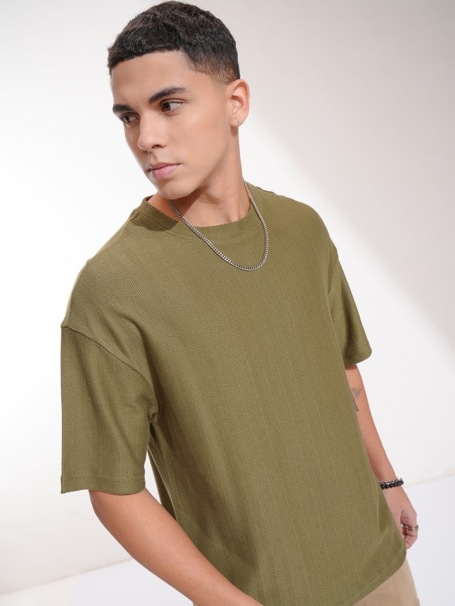 Highlander Men Olive Self Design Oversized Fit T-Shirt - Olive - Image 6