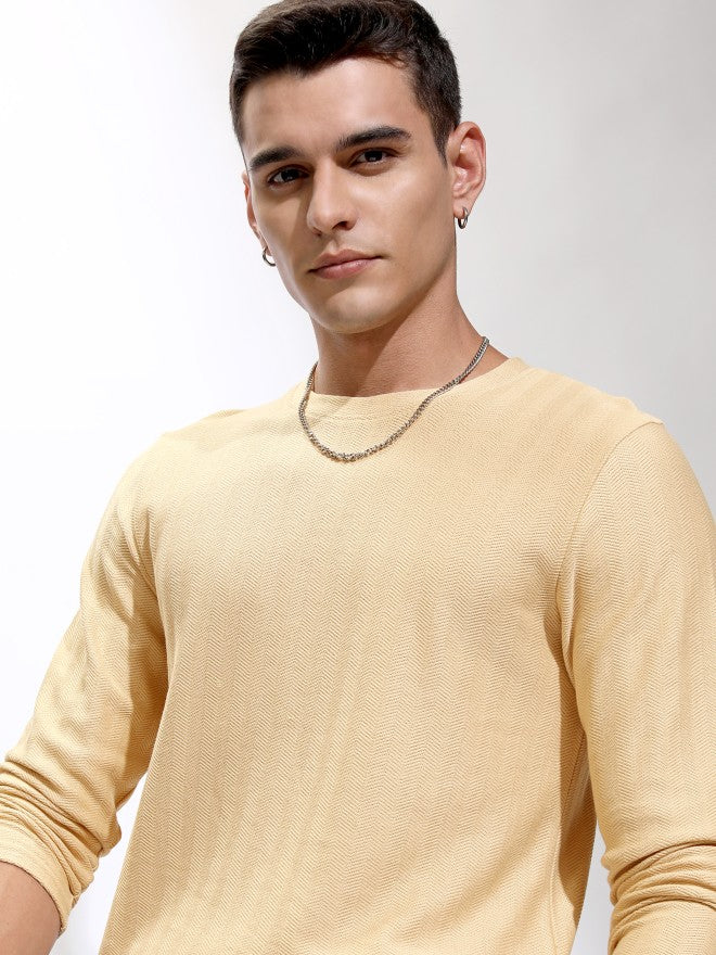 Highlander Men Beige Self Design Round Neck Relaxed Fit T-Shirt - Beige - Image 1