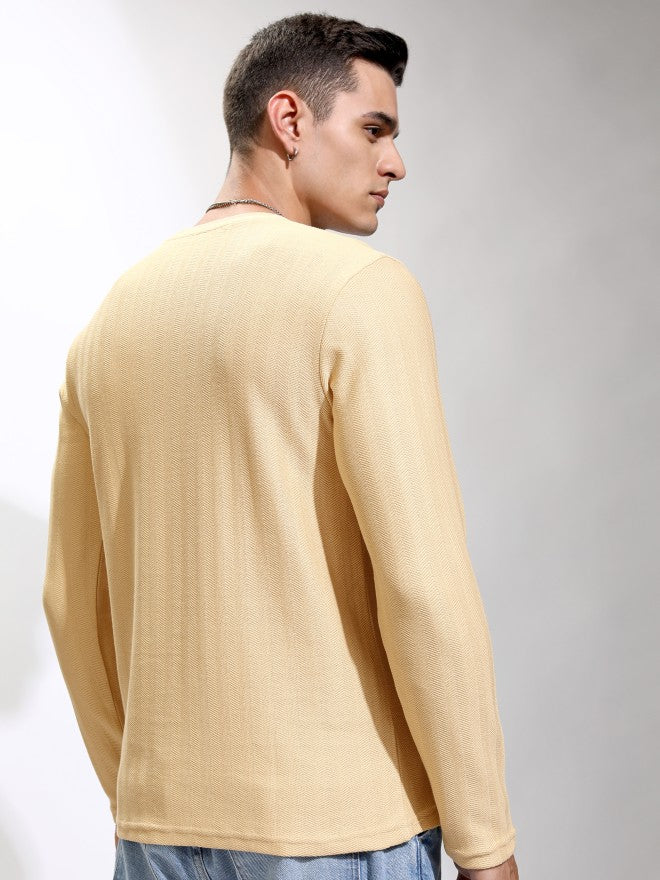 Highlander Men Beige Self Design Round Neck Relaxed Fit T-Shirt - Beige - Image 3