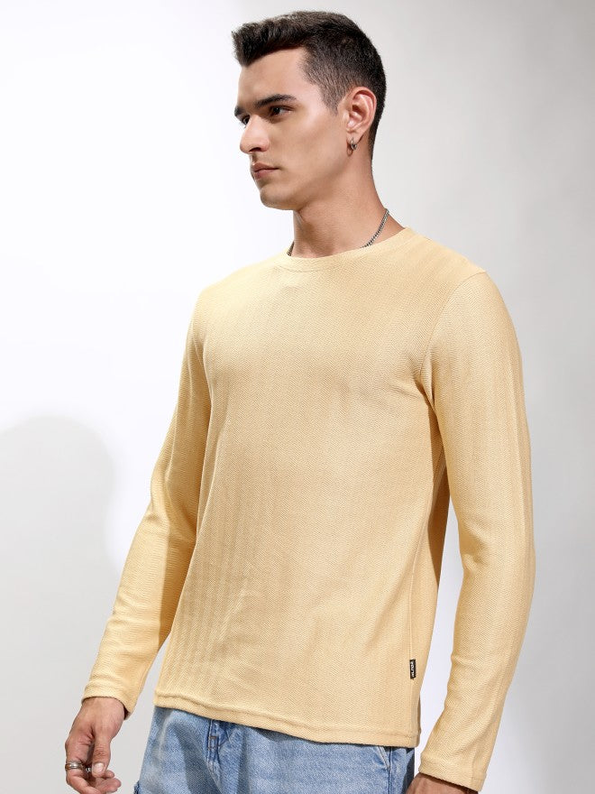 Highlander Men Beige Self Design Round Neck Relaxed Fit T-Shirt - Beige - Image 4